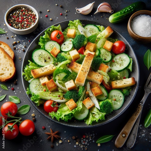 top view tasty caesar salad with rusks and seasonings on the dark desk salad food meal lunch vegetables