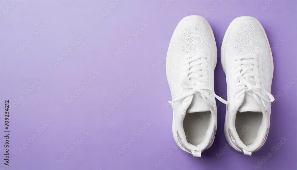 Top view of white sneakers on isolated purple background with copy space