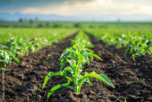 Agricultural plantation on field agricultural landscape. Green growing plant.