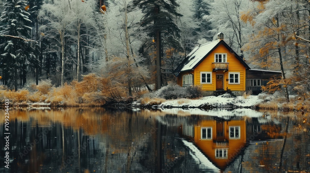 Fototapeta premium Yellow house on the lake