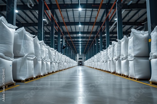 Rows of big white sacks at large warehouse in modern factory. photo
