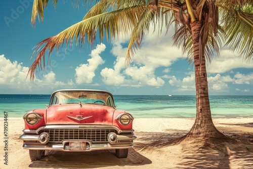Red old car parked on a tropical beach © Lubos Chlubny