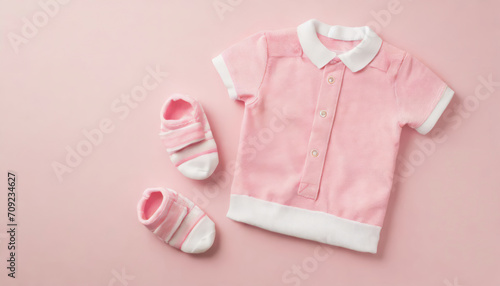 Top view of pink shirt and tiny baby socks on pink background with copy space
