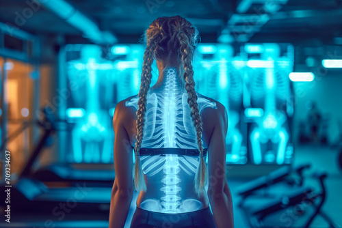Close up of a female athlete training in a modern gym, with an x-ray scan overlay photo