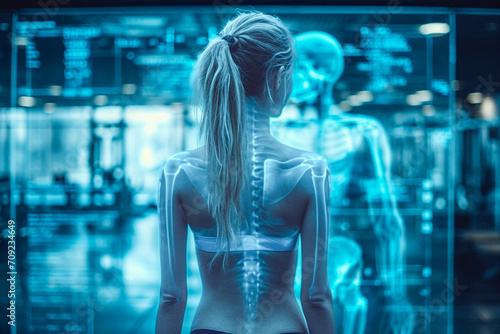 Close up of a female athlete training in a modern gym, with an x-ray scan overlay