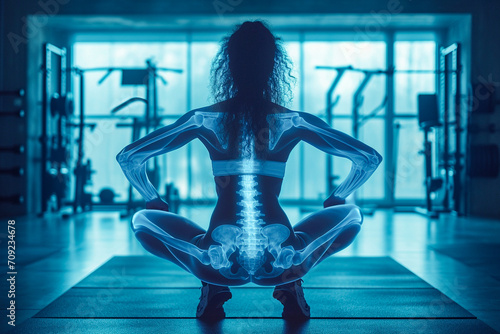 Squatting female athlete training in a modern gym, with an x-ray scan overlay photo
