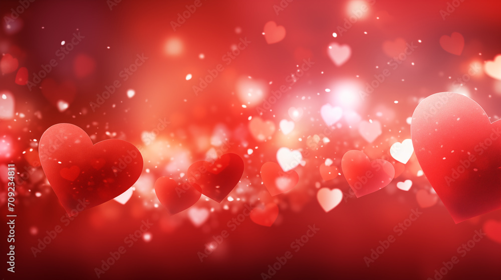 Neon shiny hearts on background with blurred lights copy space. Beautiful illustration with highlights, glitter, red and gold hearts, banner for card, valentine's day