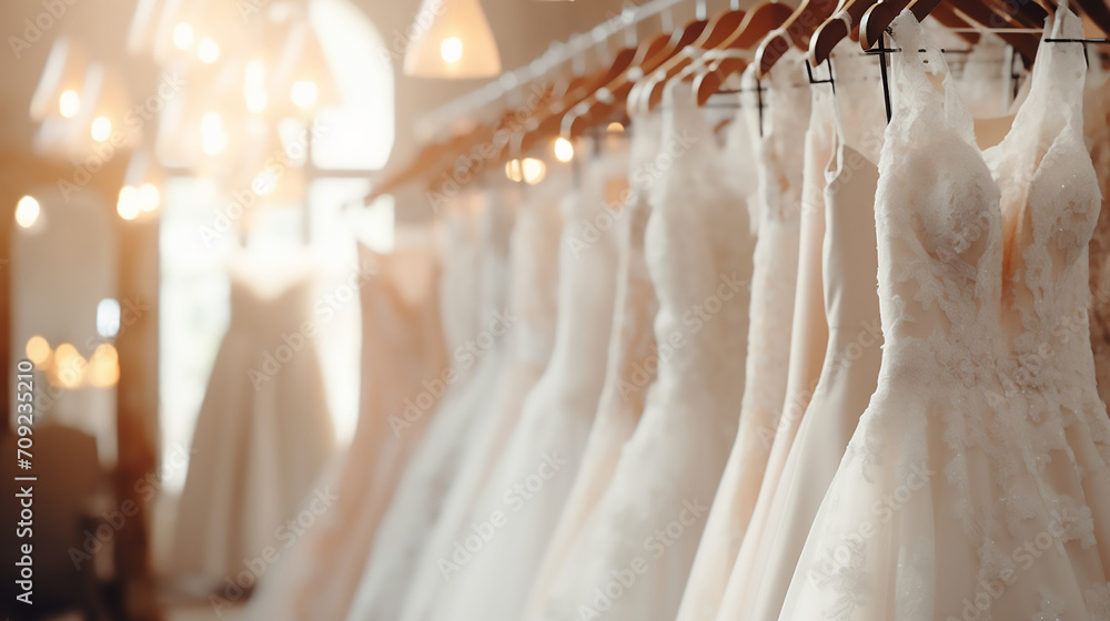 Different wedding dresses hanging on hanger in bridal shop boutique salon Different wedding dresses hanging on hanger in bridal shop boutique salon