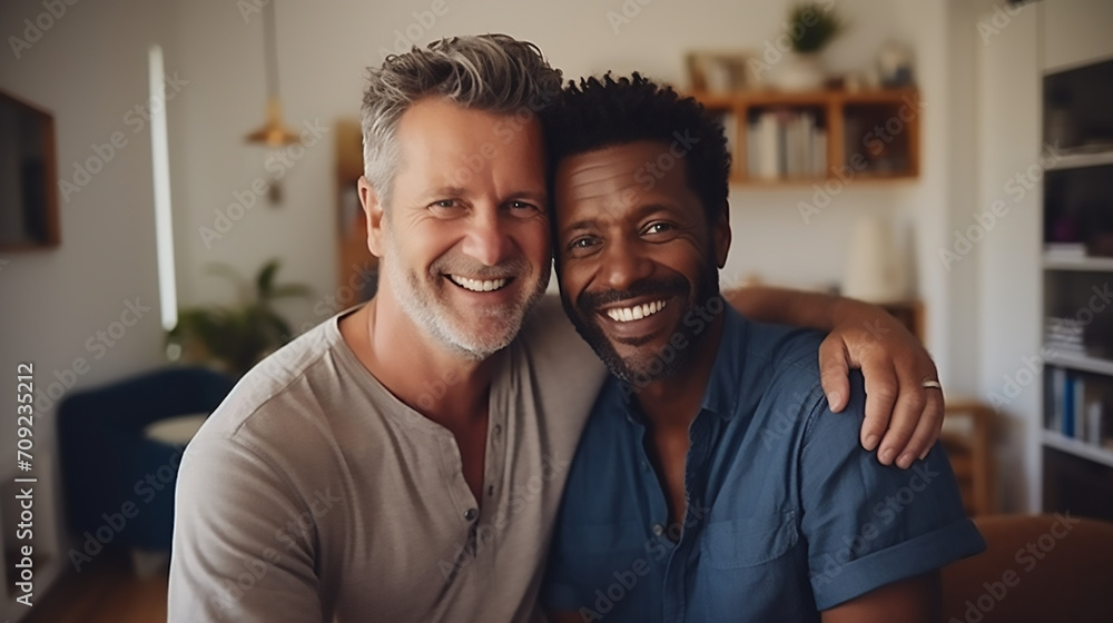 Smiling middle aged homosexual men couple hugging Smiling middle aged homosexual men couple hugging