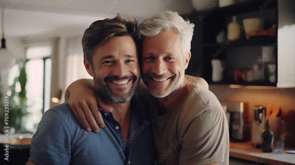 Smiling middle aged homosexual men couple hugging
