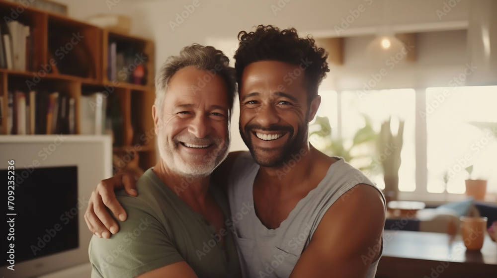 Fototapeta premium Smiling middle aged homosexual men couple hugging