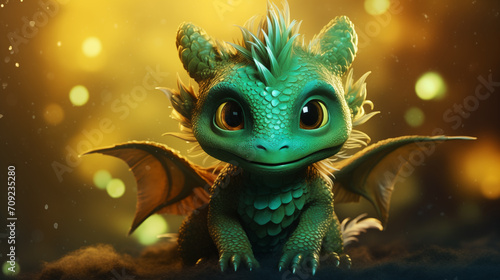 A green dragon with wings on a golden background with blurred lights and highlights. Bright illustration with space for copy, AI created illustration, fairytale beast symbol of 2024 © Александра Алероева