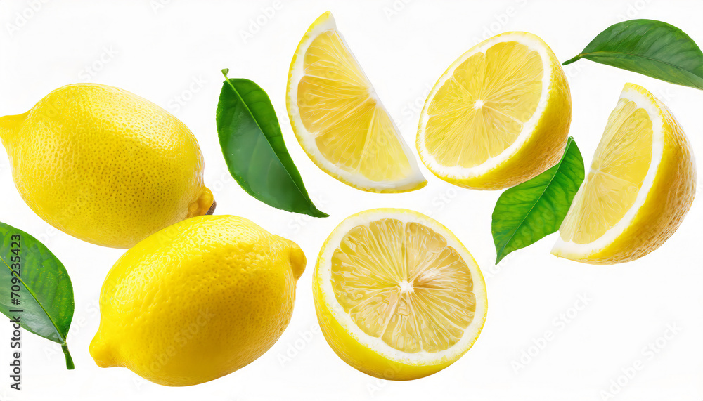 Collection of half and sliced, fresh and juicy lemons isolated on white background