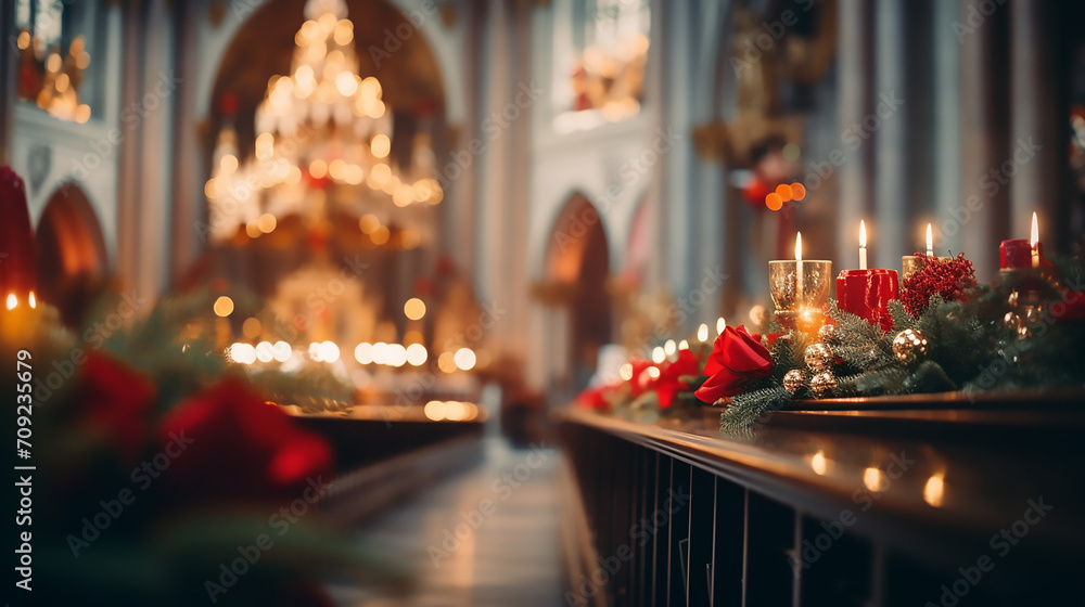 Church decorated for Christmas. Beautiful Christmas setting in church with burning candles and fresh flowers over blurred illuminated church background