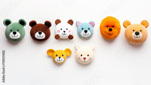 Baby kids toys frame. Set of colorful educational wooden and fluffy toys on white background