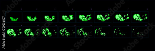 Poison burst animation . Sprite sheet of poison effect animation for games, cartoon or animation. Set of frames dust animation. – Vector