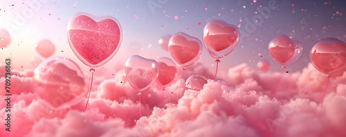 Heart-shaped balloons on a background of pink clouds