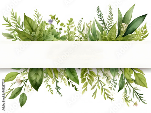 Chic Botanical Elegance Horizontal Herbal Banners for Wedding Invitations, Business Products, and Web Designs – A White Canvas Adorned with Leaves and Herbs