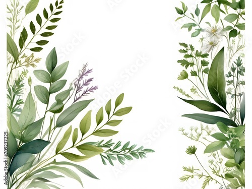 Chic Botanical Elegance Horizontal Herbal Banners for Wedding Invitations, Business Products, and Web Designs – A White Canvas Adorned with Leaves and Herbs