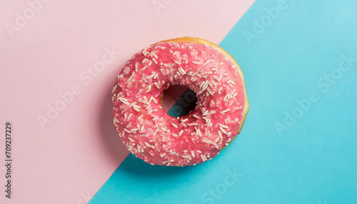 Top view of pink tasty appetizing doughnut on half blue half pink background with copy space
