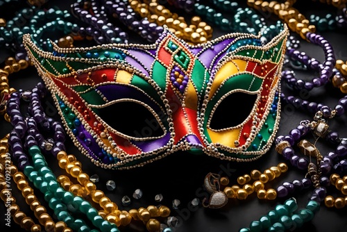 "A dynamic frame composed of a striking Mardi Gras mask and an array of colorful beads,  © Resonant Visions