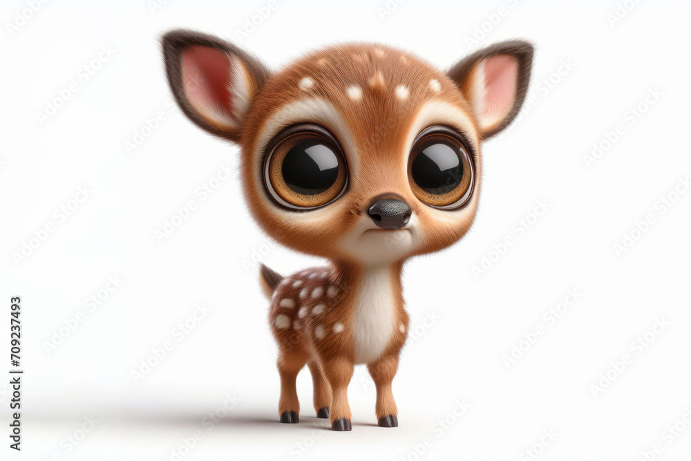 Fototapeta premium full body Funny Portrait of surprised baby deer with bulging big eyes on solid white background. ai generative