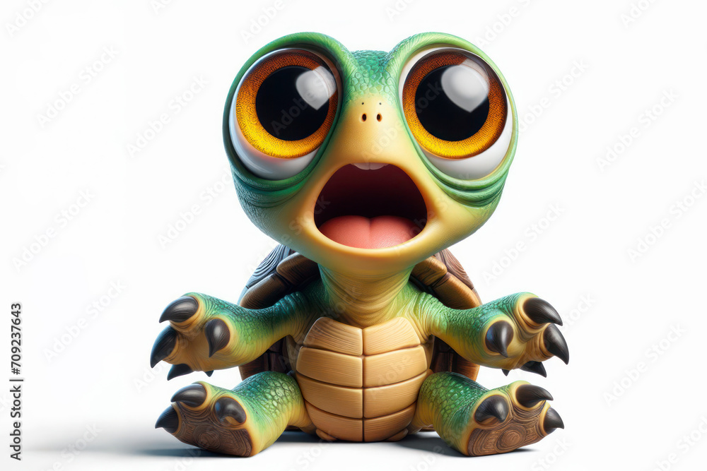 Fototapeta premium full body Funny Portrait of surprised turtle with bulging big eyes on solid white background. ai generative