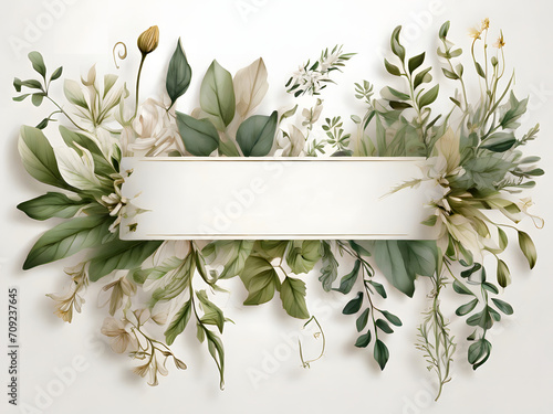 Chic Botanical Elegance Horizontal Herbal Banners for Wedding Invitations, Business Products, and Web Designs – A White Canvas Adorned with Leaves and Herbs