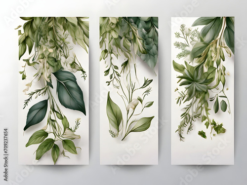 Chic Botanical Elegance Horizontal Herbal Banners for Wedding Invitations, Business Products, and Web Designs – A White Canvas Adorned with Leaves and Herbs