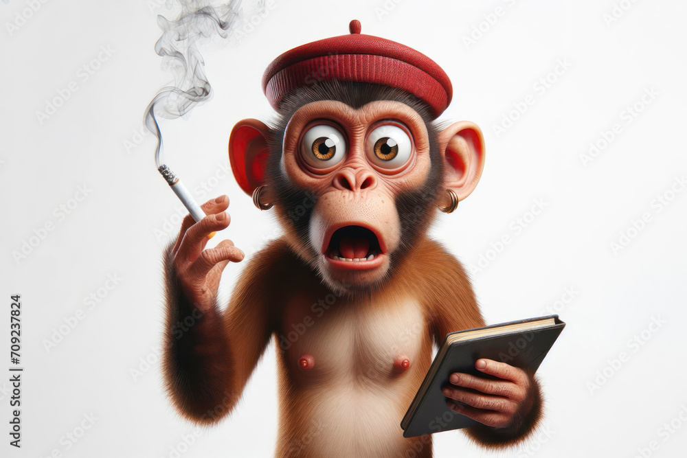 Funny Portrait of surprised a monkey with a cigarette with bulging big eyes on solid white background. ai generative Funny Portrait of surprised a monkey with a cigarette with bulging big eyes on solid white background. ai generative
