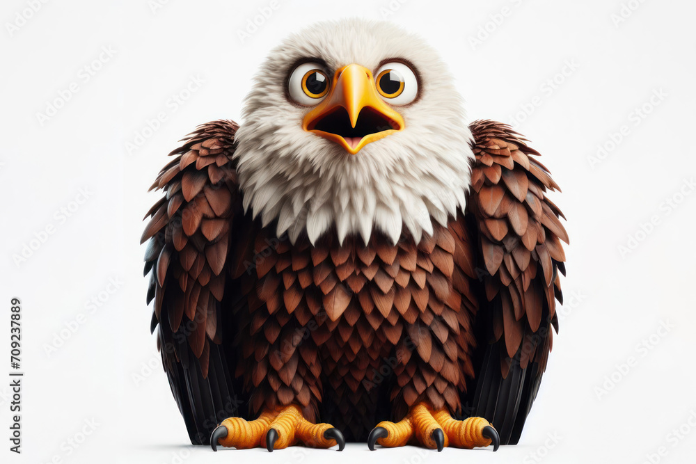 Fototapeta premium full body Funny Portrait of surprised Bald Eagle with bulging big eyes on solid white background. ai generative