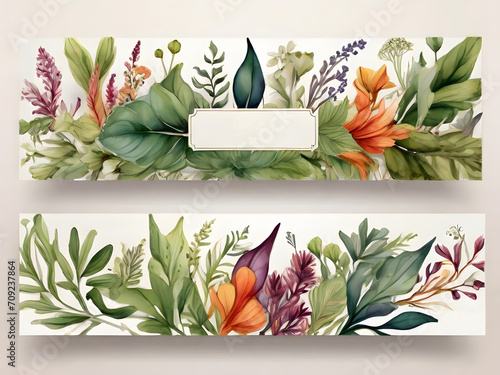Chic Botanical Elegance Horizontal Herbal Banners for Wedding Invitations, Business Products, and Web Designs – A White Canvas Adorned with Leaves and Herbs