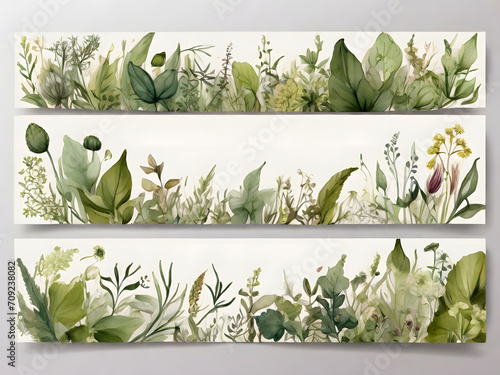 Chic Botanical Elegance Horizontal Herbal Banners for Wedding Invitations, Business Products, and Web Designs – A White Canvas Adorned with Leaves and Herbs