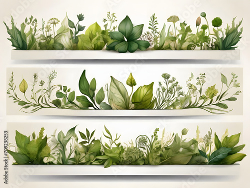 Chic Botanical Elegance Horizontal Herbal Banners for Wedding Invitations, Business Products, and Web Designs – A White Canvas Adorned with Leaves and Herbs