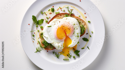 close up horizontal image from above of a poached egg on a toast seasoned with herbs AI generated