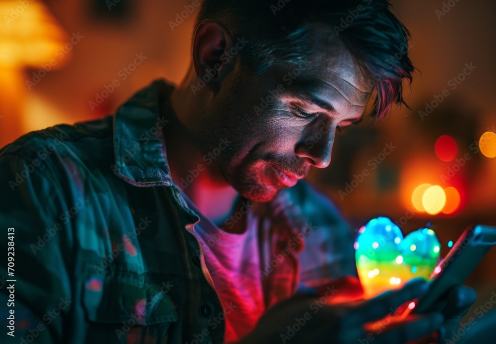 Smiling Man Using Phone at Night.
Cheerful man with phone, bokeh lights in background.