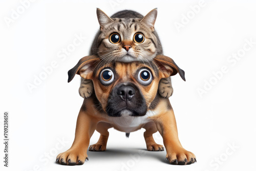 Portrait of surprised Dog with cat on top of its head with bulging big eyes on solid white background. ai generative