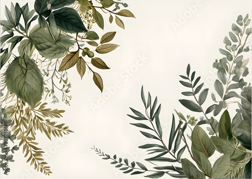 Chic Botanical Elegance Horizontal Herbal Banners for Wedding Invitations, Business Products, and Web Designs – A White Canvas Adorned with Leaves and Herbs