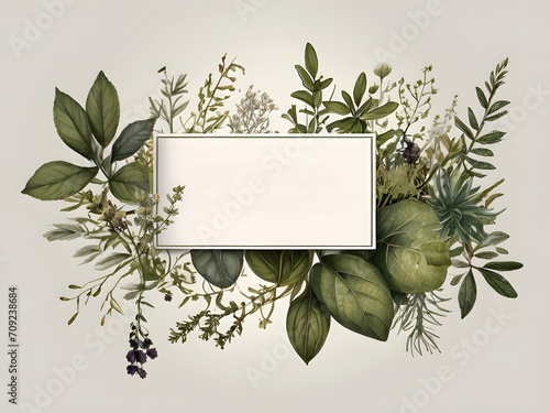 Chic Botanical Elegance Horizontal Herbal Banners for Wedding Invitations, Business Products, and Web Designs – A White Canvas Adorned with Leaves and Herbs