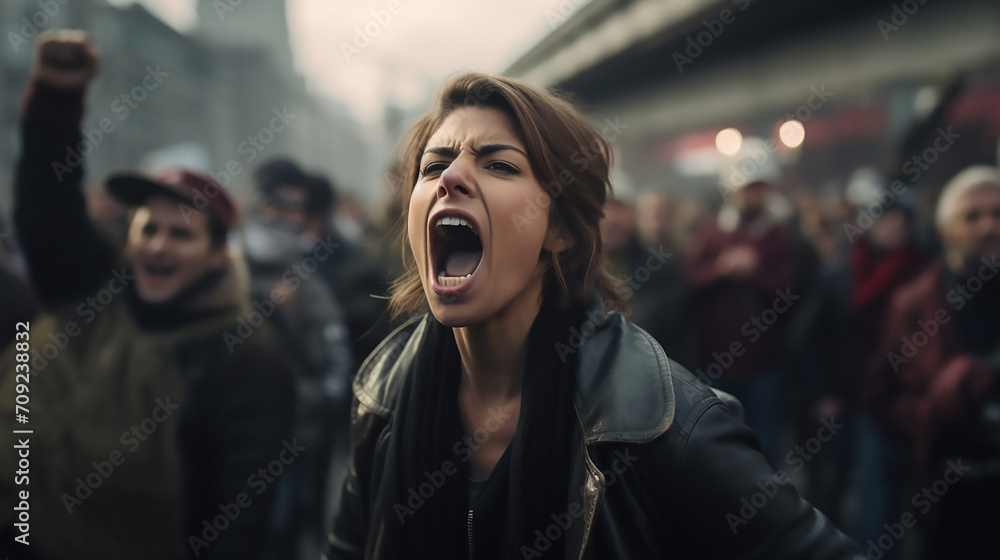 Female activist angry shouting for her cause among people demonstration protester