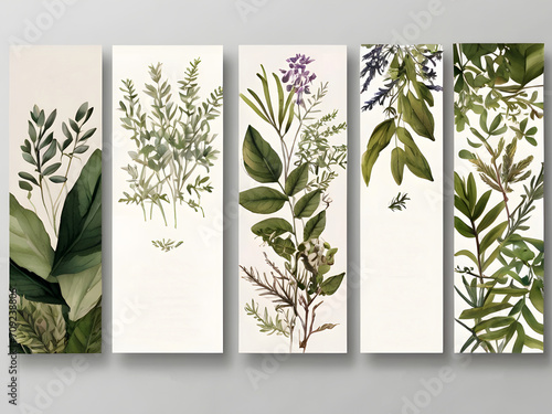 Chic Botanical Elegance Horizontal Herbal Banners for Wedding Invitations, Business Products, and Web Designs – A White Canvas Adorned with Leaves and Herbs