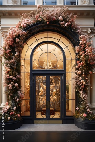 Charming floral showcase-entrance. Window display with rounded top and exquisite flower decor. photo