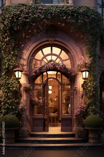 Charming floral showcase-entrance. Window display with rounded top and exquisite flower decor.