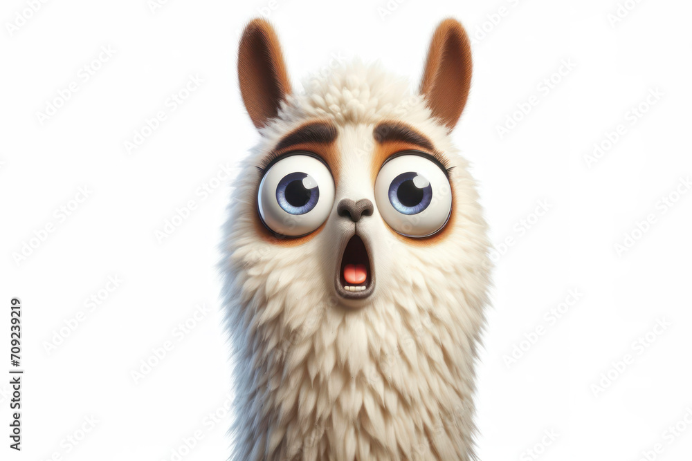 Fototapeta premium full body Funny Portrait of surprised llama with bulging big eyes on solid white background. ai generative
