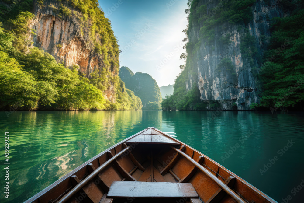 Serene river journey through majestic green cliffs with clear blue skies, seen from a wooden boat's bow.