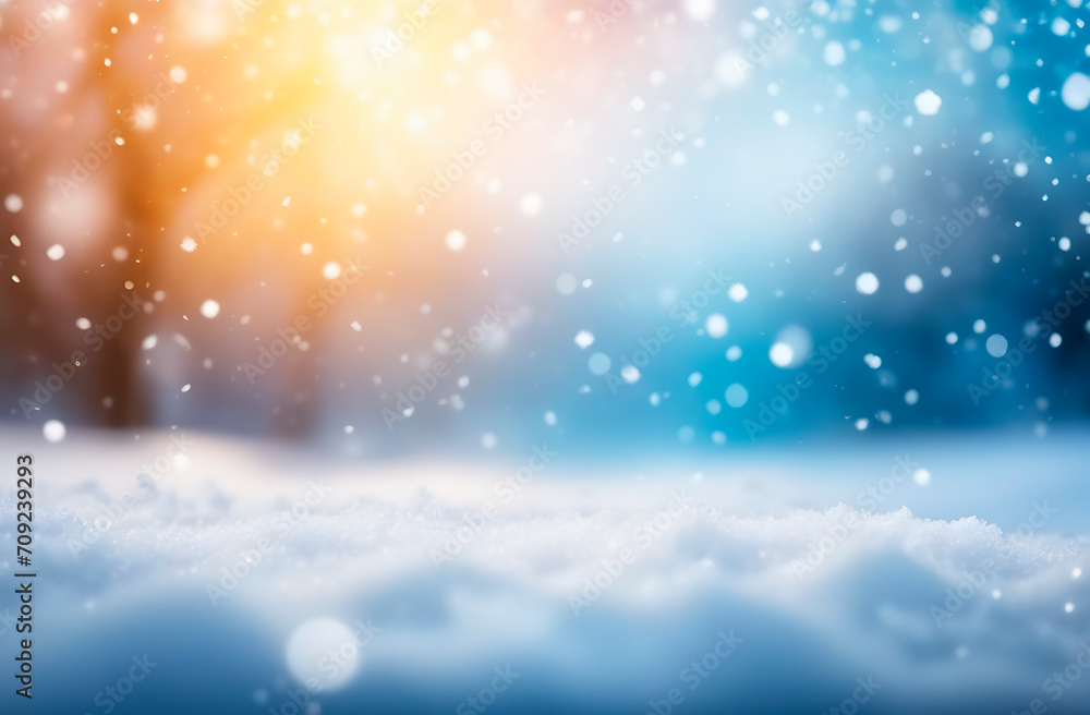Abstract blurred winter background, snowflakes outdoor, small depth of field, selective focus