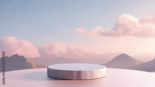 Stone podium outdoors pastel soft cloud with mountain nature landscape background, Beauty cosmetic product placement pedestal present minimal display, generative ai