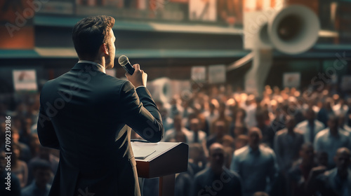 Fotografia Backside of business man holding speech, Motivational crowd speech
