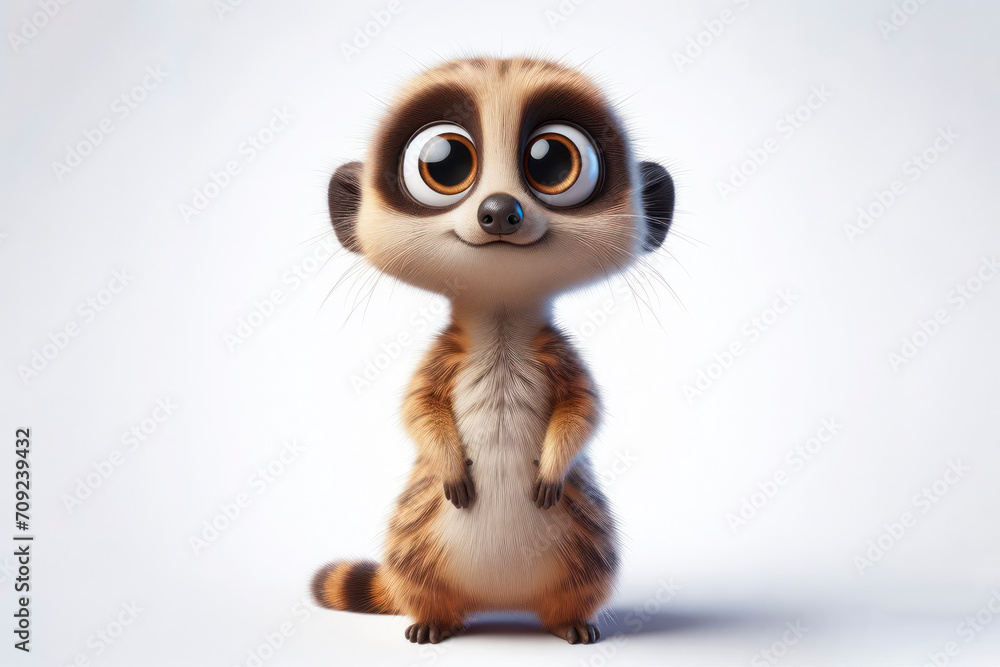 full body Funny Portrait of surprised Meerkat with bulging big eyes on solid white background. ai generative