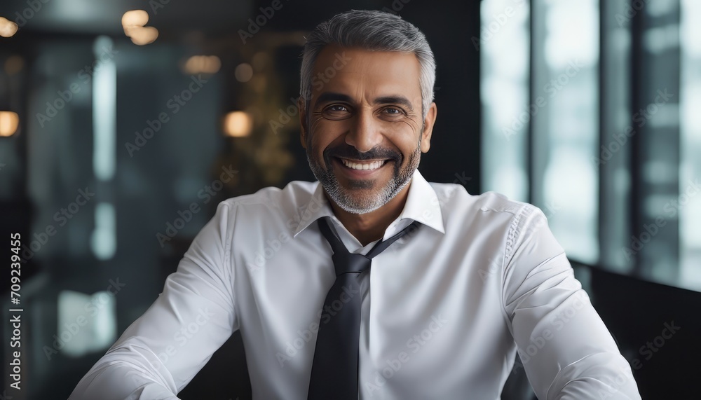 Naklejka premium Happy middle aged muslim business man ceo entrepreneur, smiling mature professional executive manager